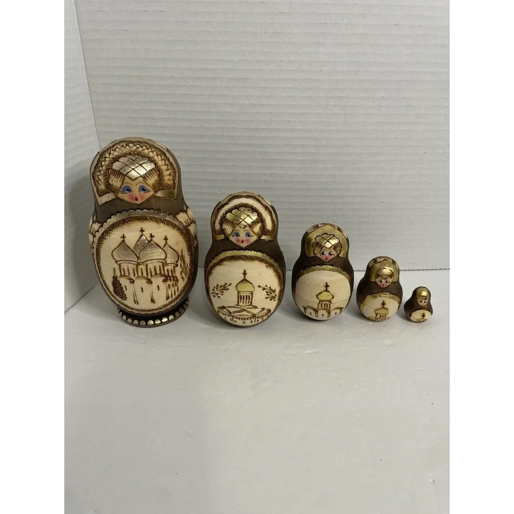 Russian Matryoshka Nesting Dolls Natural Wood Burned Gold Accents 5 dolls 5.5